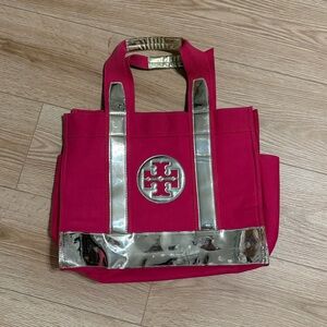 Rare Pink Canvas Tory Burch Tote Bag with Gold Accents